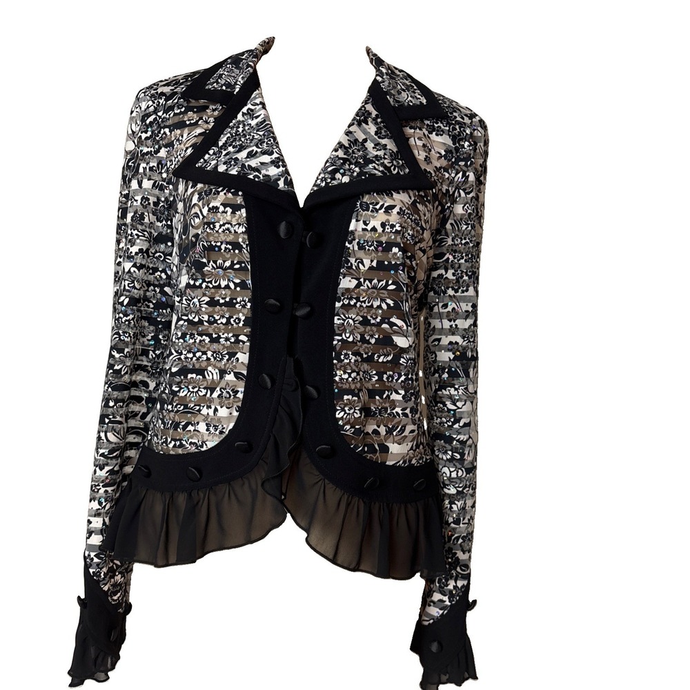 Joseph Ribkoff Black White Floral Frill Sequin Blazer Jacket Size US 12 sheer